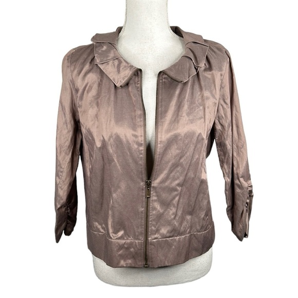 Ruby Rd. Tan Metallic Ruffle Neck 3/4 Sleeve Zip Down Lightweight Jacket Size 8 - Picture 1 of 6